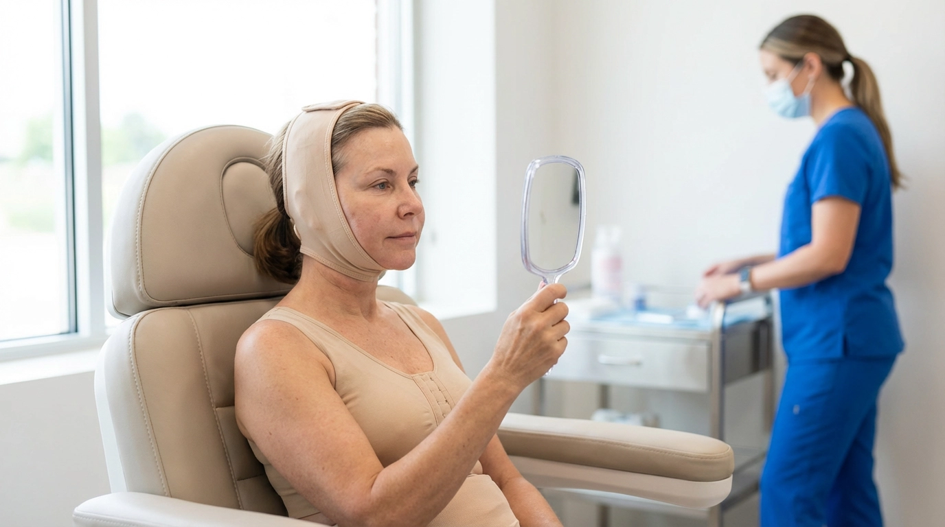 Pacientka z elastičnim kompresijskim povojem po facelift operaciji preverja obraz v ogledalu