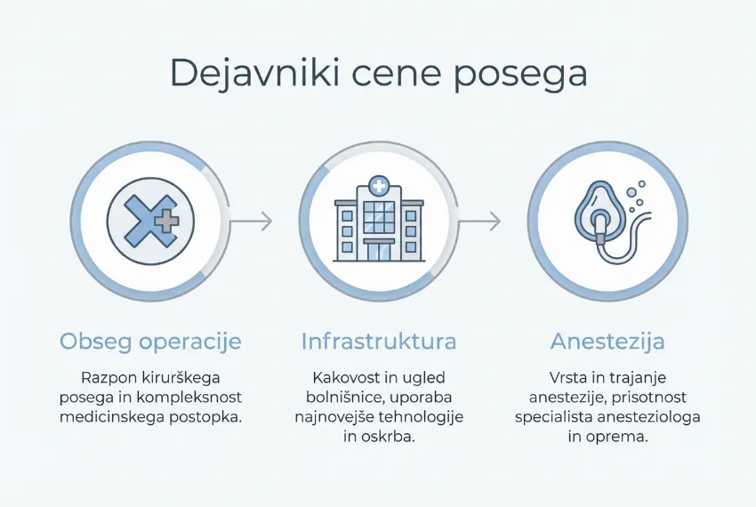 Infografika, ki prikazuje dejavnike, ki vplivajo na ceno facelifta in estetskih posegov.