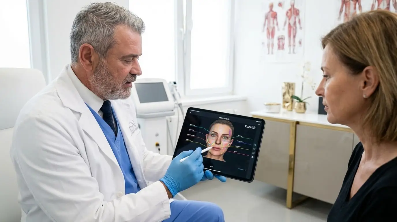 Estetski kirurg med posvetom prikazuje digitalno analizo obraza za načrtovanje facelifta