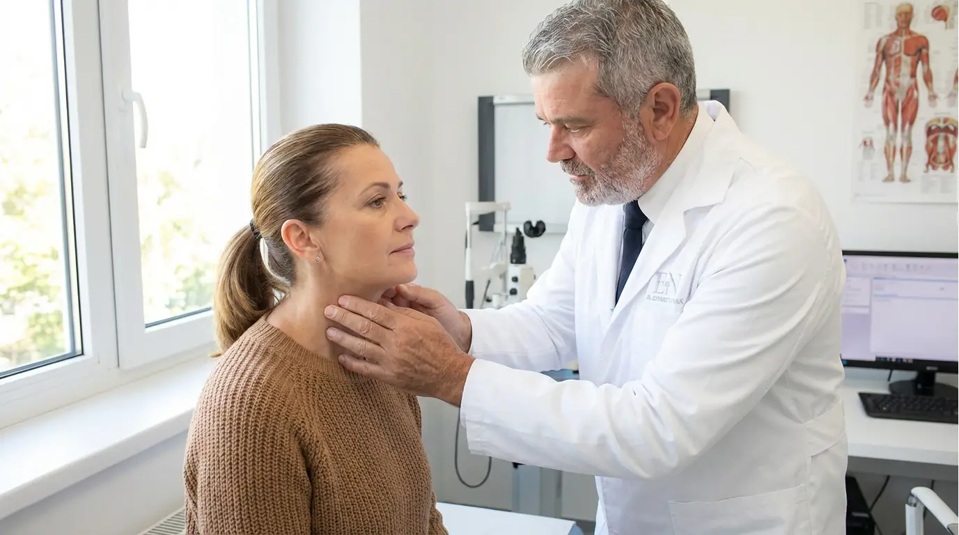 dr. Ernest Novak na pregledu analizira obrazne strukture pacientke za facelift