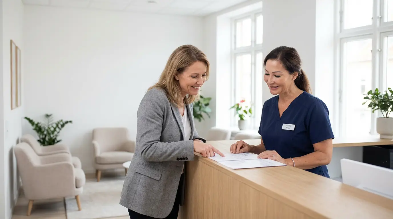 Nasmejana pacientka in prijazno osebje na svetli recepciji estetske klinike pregledujeta individualni načrt in ceno posega.