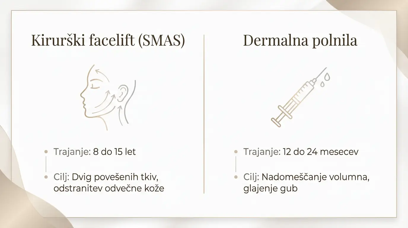 Eleganten grafični prikaz, ki primerja trajanje rezultatov in cilje kirurškega SMAS facelifta v primerjavi z nekirurškimi dermalnimi polnili.