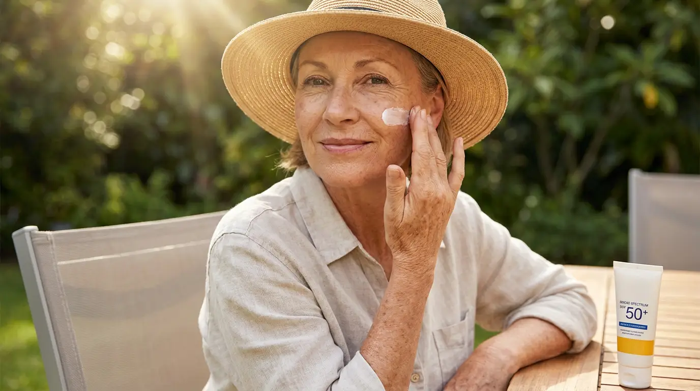 nanašanje kreme za sončenje SPF 50 zaščita kože pred UV žarki preprečevanje staranja kože obraz